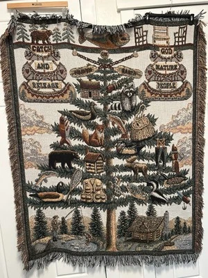 Cabin Fishing Fisherman Nature 49x64 Woven Tapestry Throw Fringe Blanket B44 - Image 1 of 4