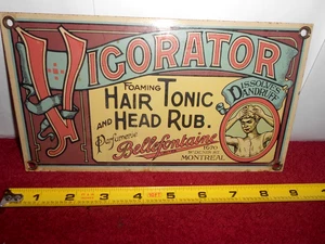 VINTAGE 9x5 in VIGORATOR HAIR TONIC & HEAD RUB ADV. SIGN METAL PORCELAIN- Z 533 - Picture 1 of 5