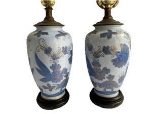 Vintage Japanese Porcelain PAIR Lamps Blue Floral Gold Accent Table L J Japan - Picture 1 of 13