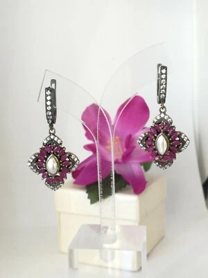 Orecchini antichi pietre vere rubino rosso. Orecchini argento - Immagine 1 di 4