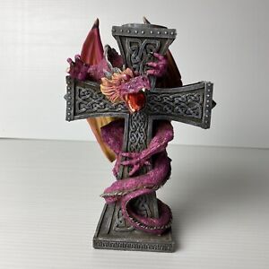 W.U.I. 2000 Warrior Dragon Celtic Cross Candle Holder Figurine ~ Resin 19cm