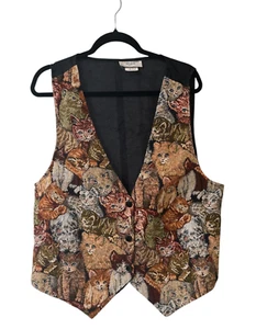 Vintage Casual Corner Woman & Co Cat Print Tapestry Vest 3 Button Sz 1X RARE - Picture 1 of 4