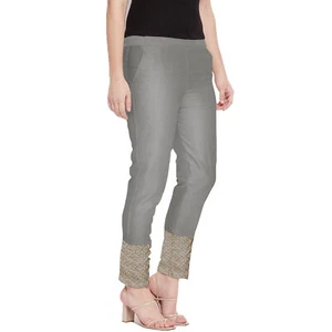 Regular Fit Silk Gold Border Pants Color Silver For Women - Picture 1 of 4