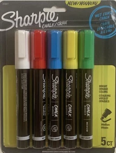 SHARPIE CHALK WET ERASE MARKERS-MEDIUM TIP-5 PIECE-WIPES OFF WITH DAMP CLOTH-NEW - Picture 1 of 7