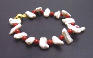 12-15mm Natural Biwa White Pearl Bracelet for Women 6-7mm Round Red Coral 7.5'' - Picture 1 of 4
