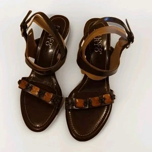 Vintage Women's Franco Sarto Vero Cuoio Leather Beaded Strappy Brown Sandals 9M - Picture 1 of 13