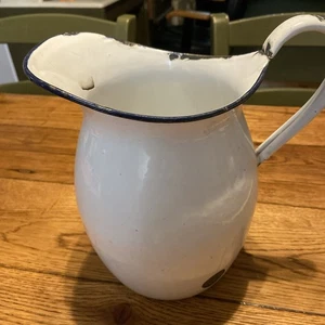 White Enamel Water Pitcher Blue Farmhouse Cottage Country Milk Jug Enamelware - Picture 1 of 11