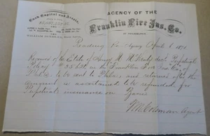 1871 Franklin Fire Insurance Company, Philadelphia Quittung für die Police des Erblassers - Bild 1 von 3