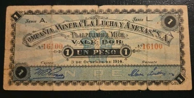 Mexico Cat.#M3086 1914 Tlapujahua Minera 1 Peso Circulated Banknote  - Image 1 of 2