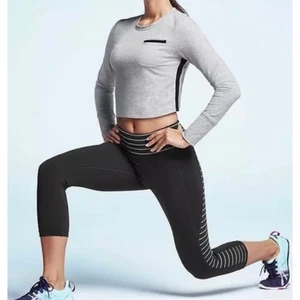 ATHLETA Sentry Light Gray Heather Cropped Black Stripe Crew Cotton Sweatshirt M - Picture 1 of 11