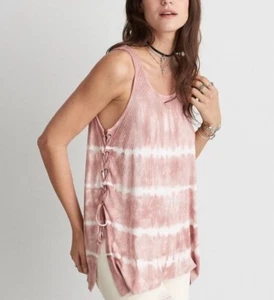 American Eagle Soft & Sexy Pink Ribbed Tie Dyed Lace-Up Sides Relaxed Tank Top - Picture 1 of 12