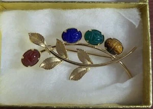 Brooch Pin 12k Gold Filled with Scarab Etched Natural Stones ~2"L Leaf Pattern - Picture 1 of 4