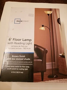 MAINSTAYS 72" COMBO FLOOR LAMP W/ ADJUSTABLE READING LAMP, BROWN *DISTRESSED PKG - Picture 1 of 3