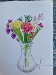 lápiz original color dibujo flores en jarrón. clavel, rosa amarilla - Imagen 1 de 3