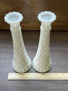White Milk Glass Bud Vases, Scalloped Edge - Picture 1 of 6