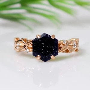 Hexagon Blue Sandstone Ring, 925 Sterling Silver, Statement Ring, Women Ring - Picture 1 of 3