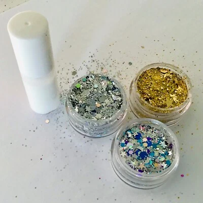 FESTIVAL FACE/BODY KIT 4ml KLEBER 3 x 5g CHUNKY GLITTER GOLD SILVER STAR MOONSHINE