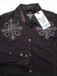 Mens XL ROAR Trinity LS embellished button shirt black NWT - Picture 1 of 10