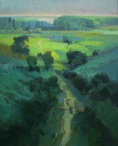 PINTURA AL ÓLEO ORIGINAL VYTAUTAS LAISONAS Caminata hacia paisaje lago lituania   - Imagen 1 de 1