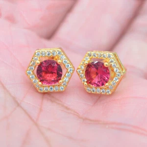 18K Yellow Gold Filled Rose Red Topaz Women Hexagon Stud Earrings Jewelry - Picture 1 of 14