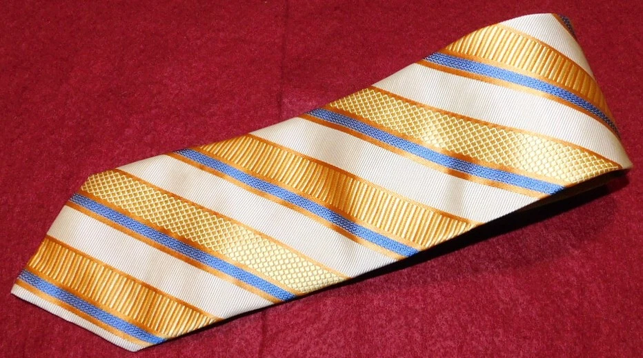 XMI UMBRIA MADE IN U.S.A. YELLOW/ORANGE/BLUE STRIPED TIE - TIES - DESIGNER TIES. - Image 1 of 3