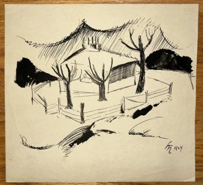 Karl Mattern WPA Era Important Iowa Artist Pen Drawing House and Person 1924 Wow - Image 1 of 4
