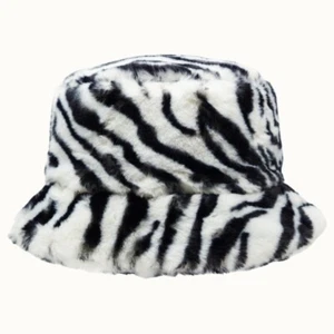 Olive & Pique Faux Fur Fuzzy *ZEBRA* 80's Bucket Hat, Fleece Lined for Warmth - Picture 1 of 6