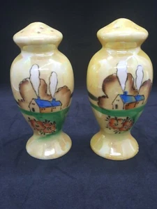 Yellow Lusterware Porcelain Salt Pepper Shakers Hand Painted House Flower  4"  - Picture 1 of 9