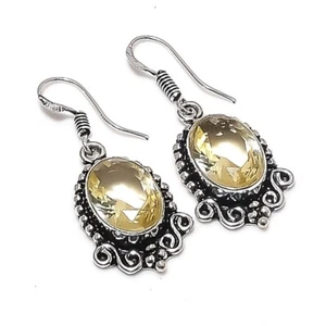 Lemon Quartz Gemstone Handmade 925 Sterling Silver Jewelry Earrings Size 1.4" - Picture 1 of 1