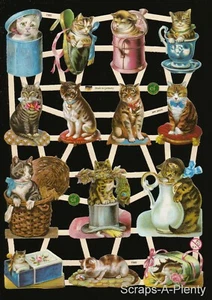 German Embossed Vintage Style Scrap Die Cut - Cats / Kitten In Containers EF7360 - Picture 1 of 1