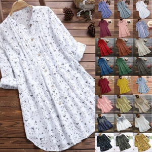 Plus Size Women Cotton Linen T-Shirt Dress Ladies Casual Baggy Tunic Tops Blouse - Picture 1 of 62