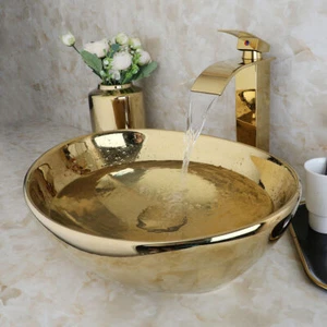 Gold Ceramic Basin Bathroom Vessel Sink Basin Bowl Waterfall Mixer Faucet Combo - Picture 1 of 9