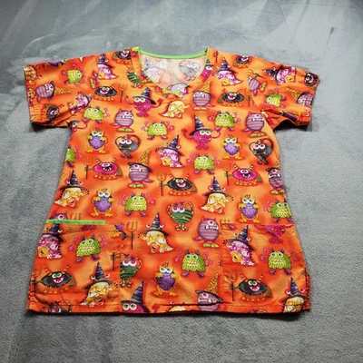 Bring It On V-Neck Scrub Top Halloween Monster Theme Orange 3 Pockets Wmn Sz M - Image 1 of 4