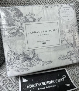 Cabbages and Roses Queen Sheet Set Country Toile White Charcoal Cotton Percale - Picture 1 of 7