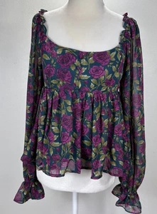 Blu Pepper Floral Balloon Sleeve Cropped Top Small Fairycore Whimsical Babydoll - Picture 1 of 14