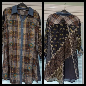 Túnica John Mark Abotonada Manga Larga con Pestaña Enrollable Panel Bordado Estampado Múltiple M - Imagen 1 de 9