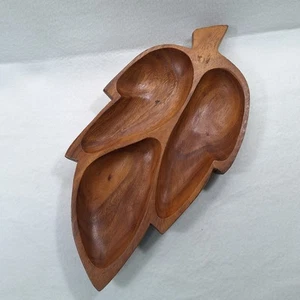 Carved Wood Leaf Shape 17” Tray Triple Compartment Section Bowl Party Serving - Afbeelding 1 van 11