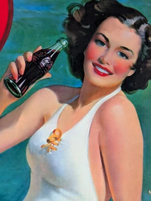 Old Vintage Coke Cola Wood Hanging Sign Lady In White 20"/15" - Image 1 of 4