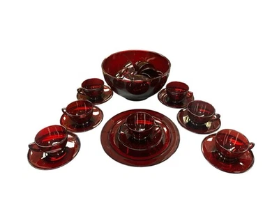 23 PC Ruby Red Vintage Glass Punch Bowl Set. 1 Bowl 15 Cups, 7 Saucers , 1 Plate - Image 1 of 4