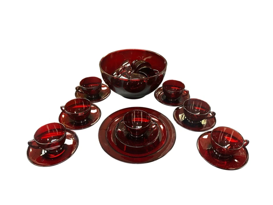 23 PC Ruby Red Vintage Glass Punch Bowl Set. 1 Bowl 15 Cups, 7 Saucers , 1 Plate - Image 1 of 4