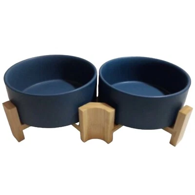 Tigela de cerâmica para cães e gatos com suporte de madeira, 2X tigelas de safira azul - Imagem 1 de 4