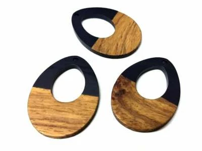 4 uds. Colgante plano lágrima resina negra y madera - 38 mm x 28 mm - (1,5" x 1,1")  Foto 1 de 4