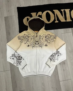NWOT - Rare Y2K Ecko Unltd. Embroidered Men's Ombre Beige/White Zip-Up Hoodie XL - Picture 1 of 11