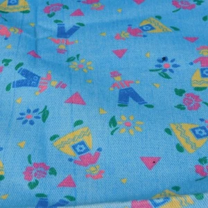 Denim Fabric Light Blue Dutch People Figurines Flowers Large Piece 72" x 61" - Picture 1 of 4