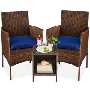 3-Piece Outdoor Wicker Conversation Patio Bistro Set,w/ 2-Chairs,Table,Cushions - Picture 1 of 7