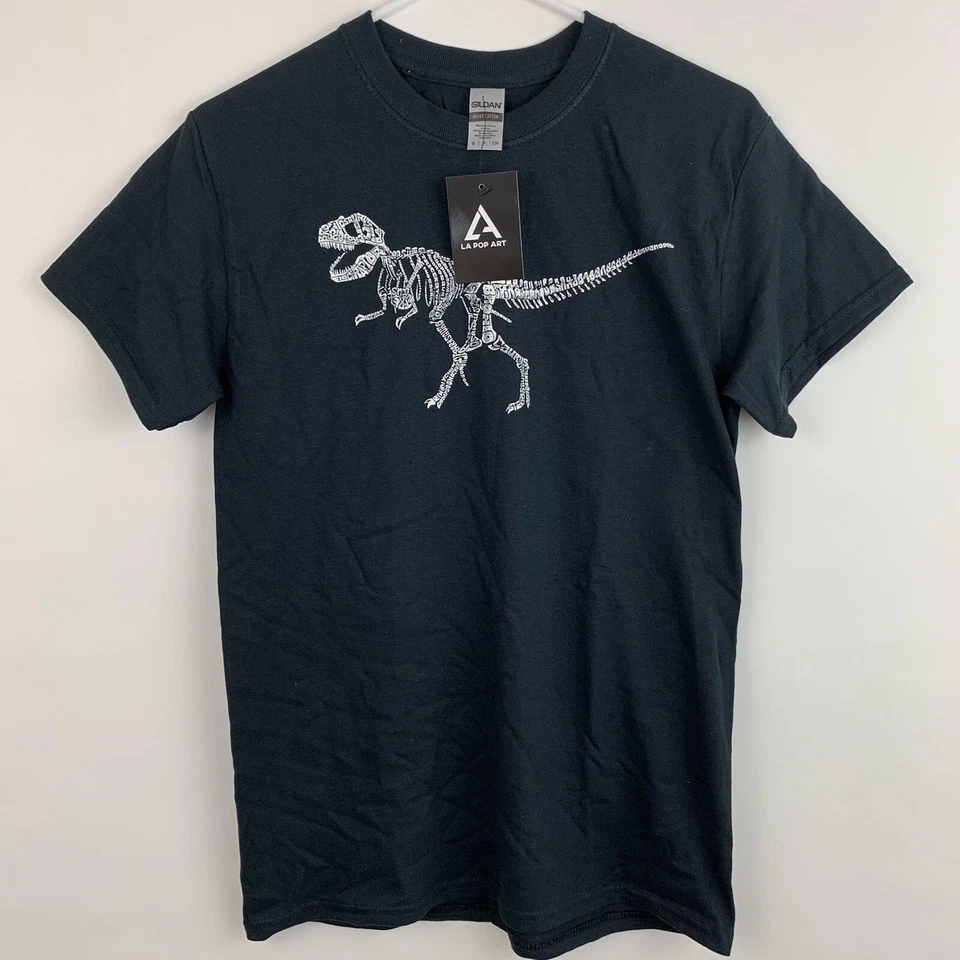 Los Angeles Pop Art Word Art T-Shirt Mens Small Dinosaur T-Rex Skeleton Black - Image 1 of 4
