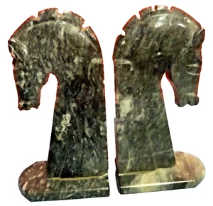Vtg Carved Marble OnyxStone Trojan Horsehead Bookends Black Gray 8 1/4"T Heavy - Picture 1 of 5