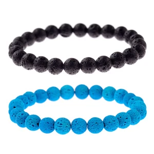 2 Pcs Men Women 8mm Black Blue Lava Beaded Bracelets Energy Diffused Bangle Gift - Picture 1 of 9