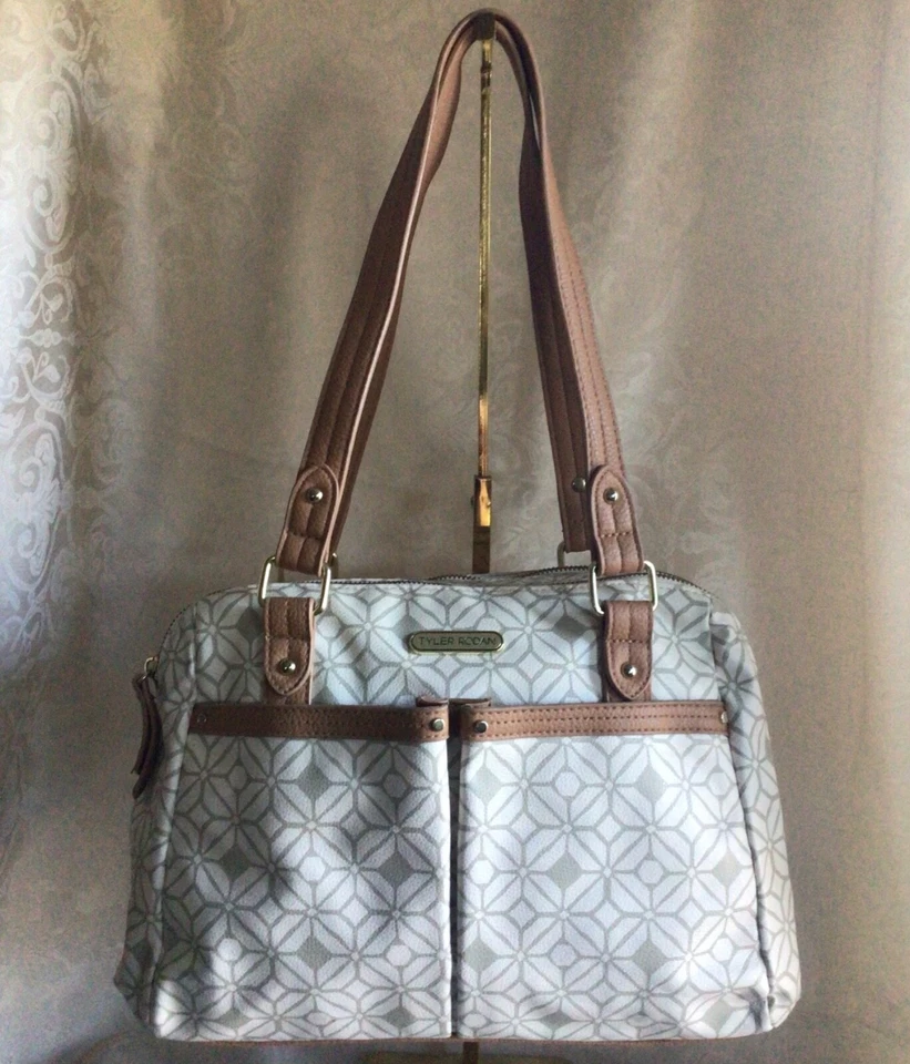 Tyler Rodan Purse Bag Faux Leather Ivory & Gray Geometric Design w/Tan Foto 1 de 1