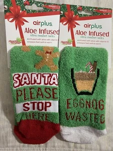 AirPlus Fuzzy Socks Christmas Aloe Infused Ultra Comfort 2 Pk Santa Eggnog - Picture 1 of 5